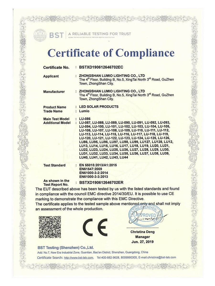 LUMIO LED Solar Products - CE EMC Certificate