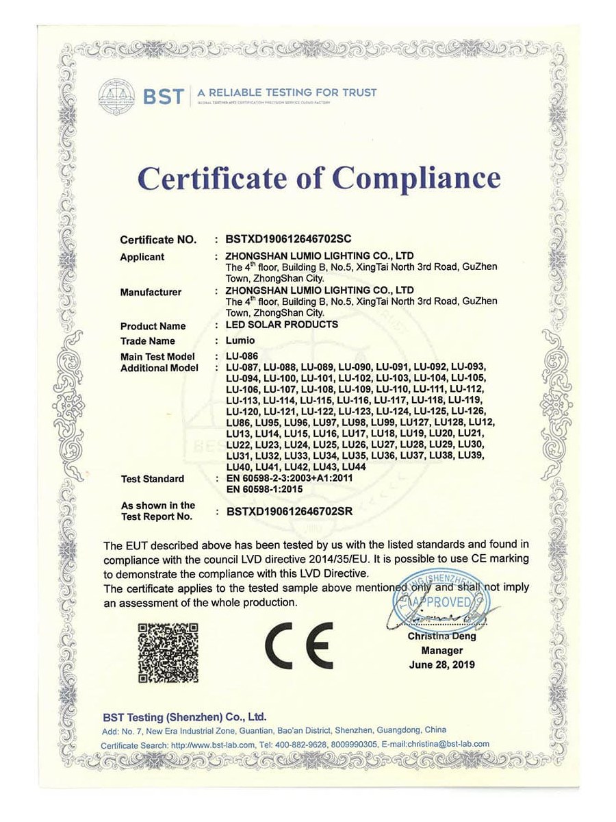 LUMIO LED Solar Products - CE LVD Certificate