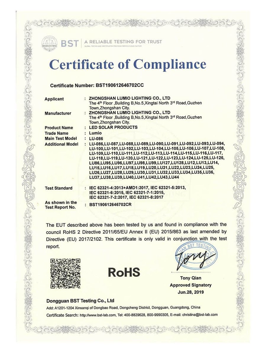 LUMIO LED Solar Products - RoHS Certificate