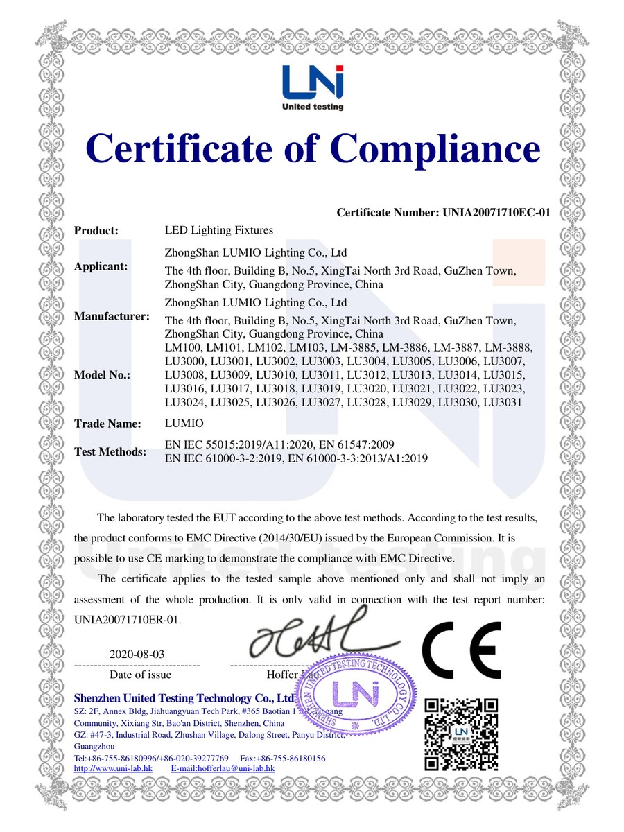 LED Lighting Fixtures - EMC Certificate
