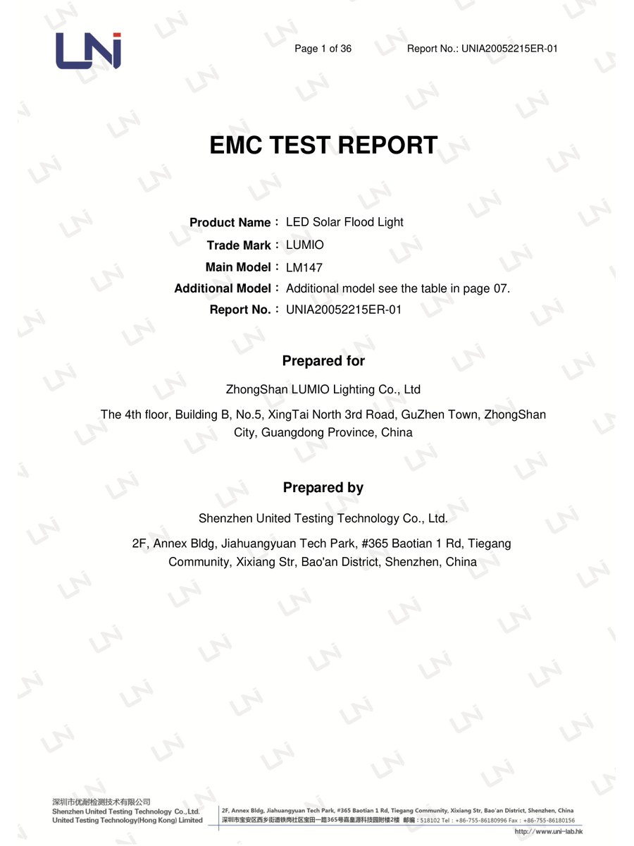 LED Solar Flood Light - EMC Test Report