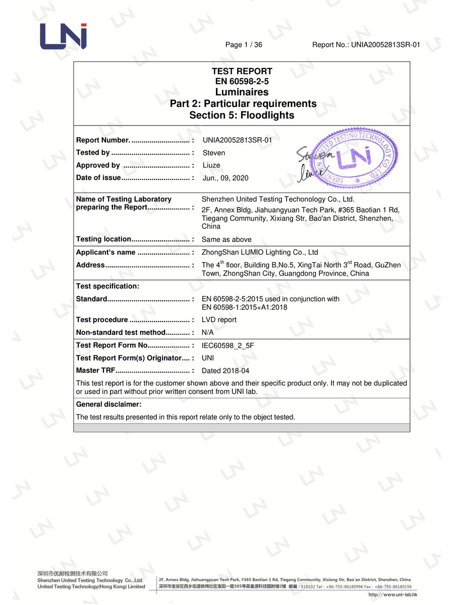 LED Solar Flood Light - LVD Test Report